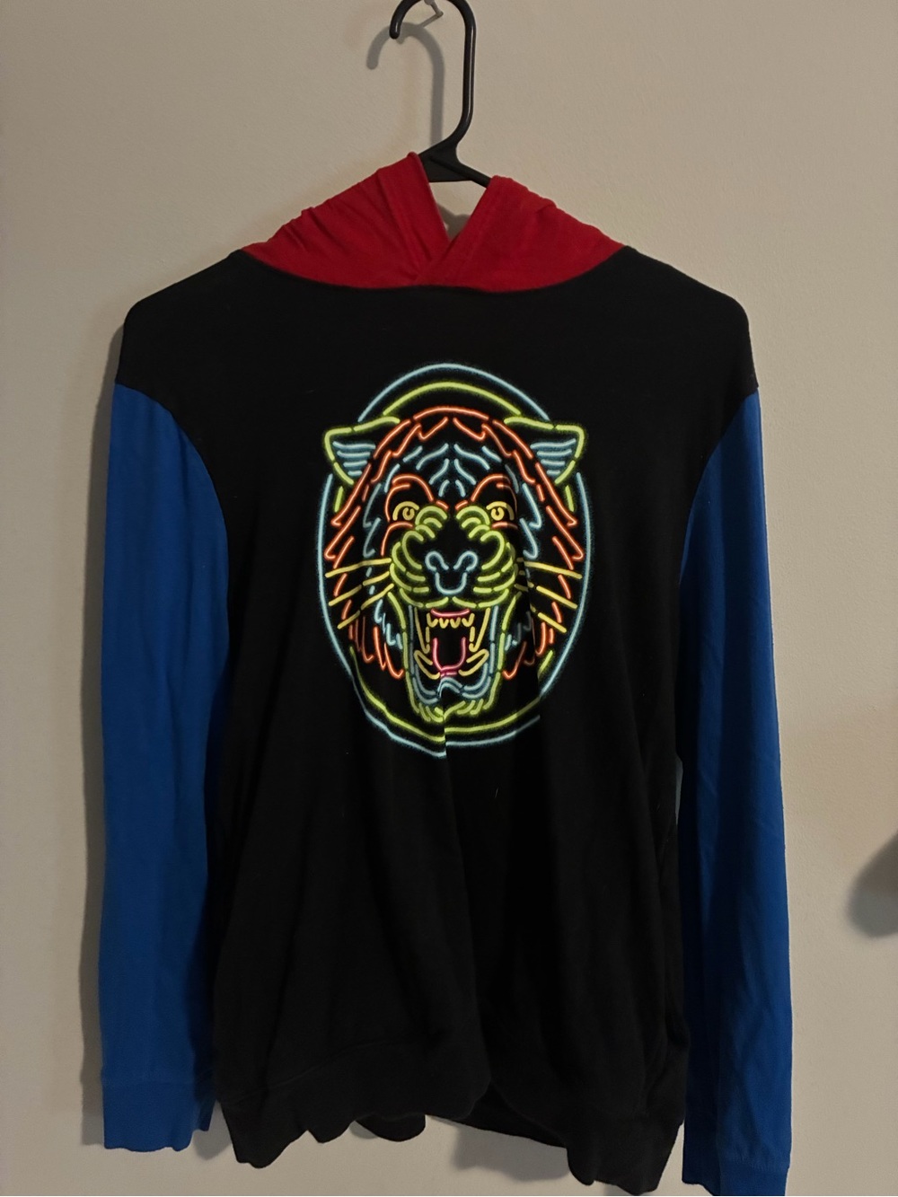 Target Black Hooded Sweatshirt with Blue Sleeves and Neon Tiger Graphic